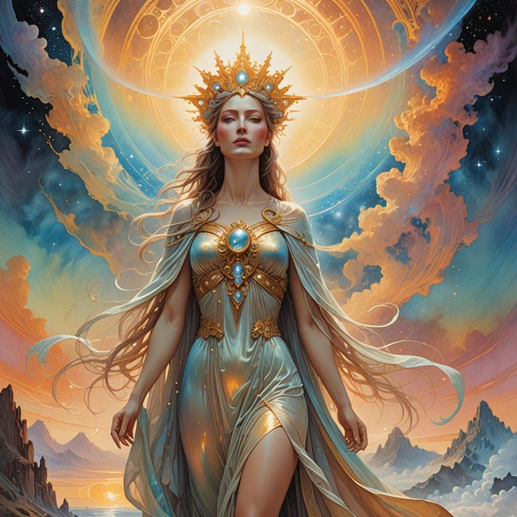 Celestial Goddess Amidst Cosmic Energy in Watercolor Style