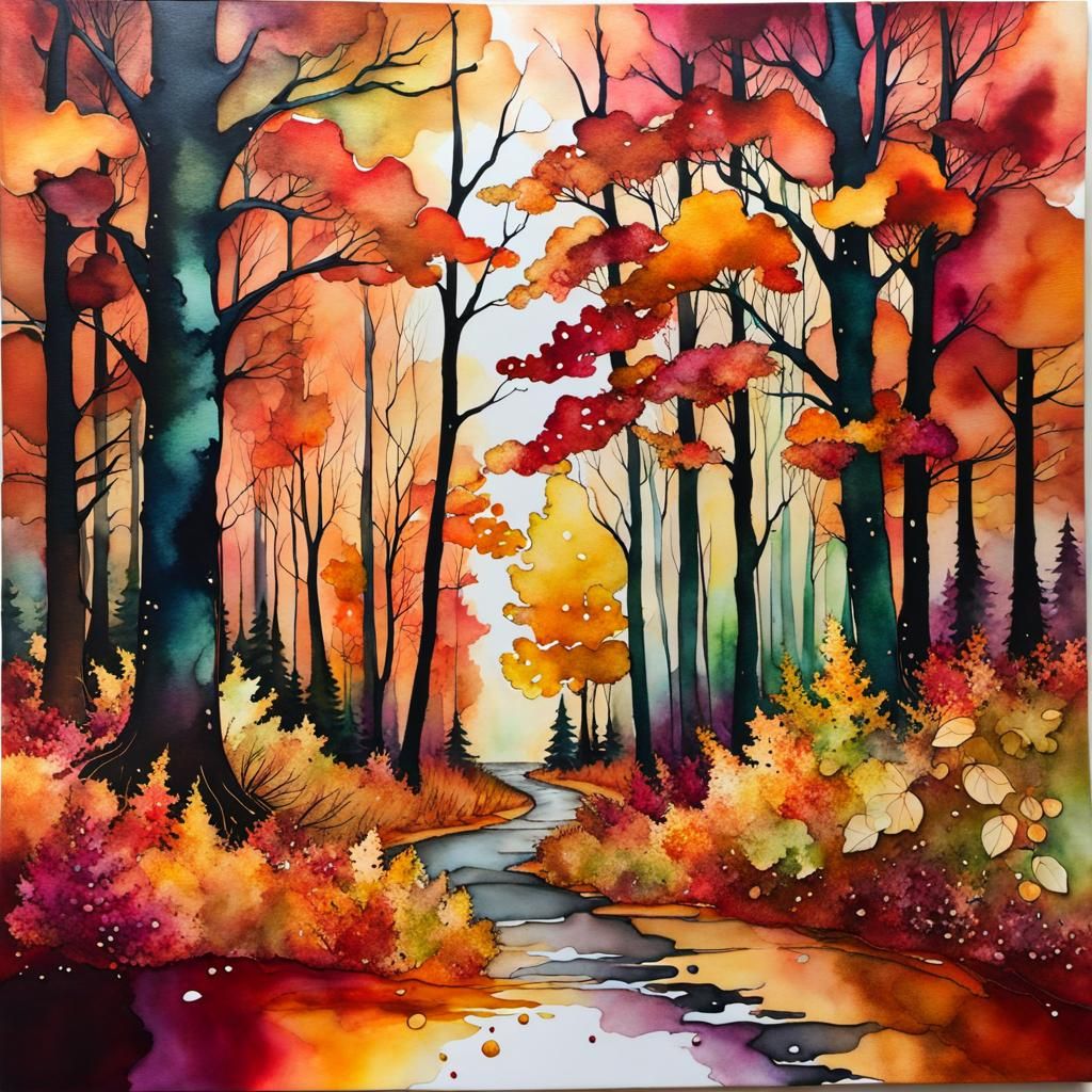 Alcohol Ink Autumn Forest Path