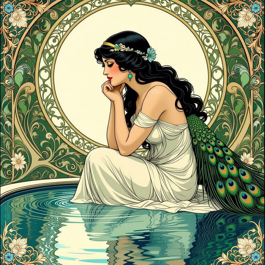 Art Nouveau Aphrodite Contemplating Reflection with Peacock