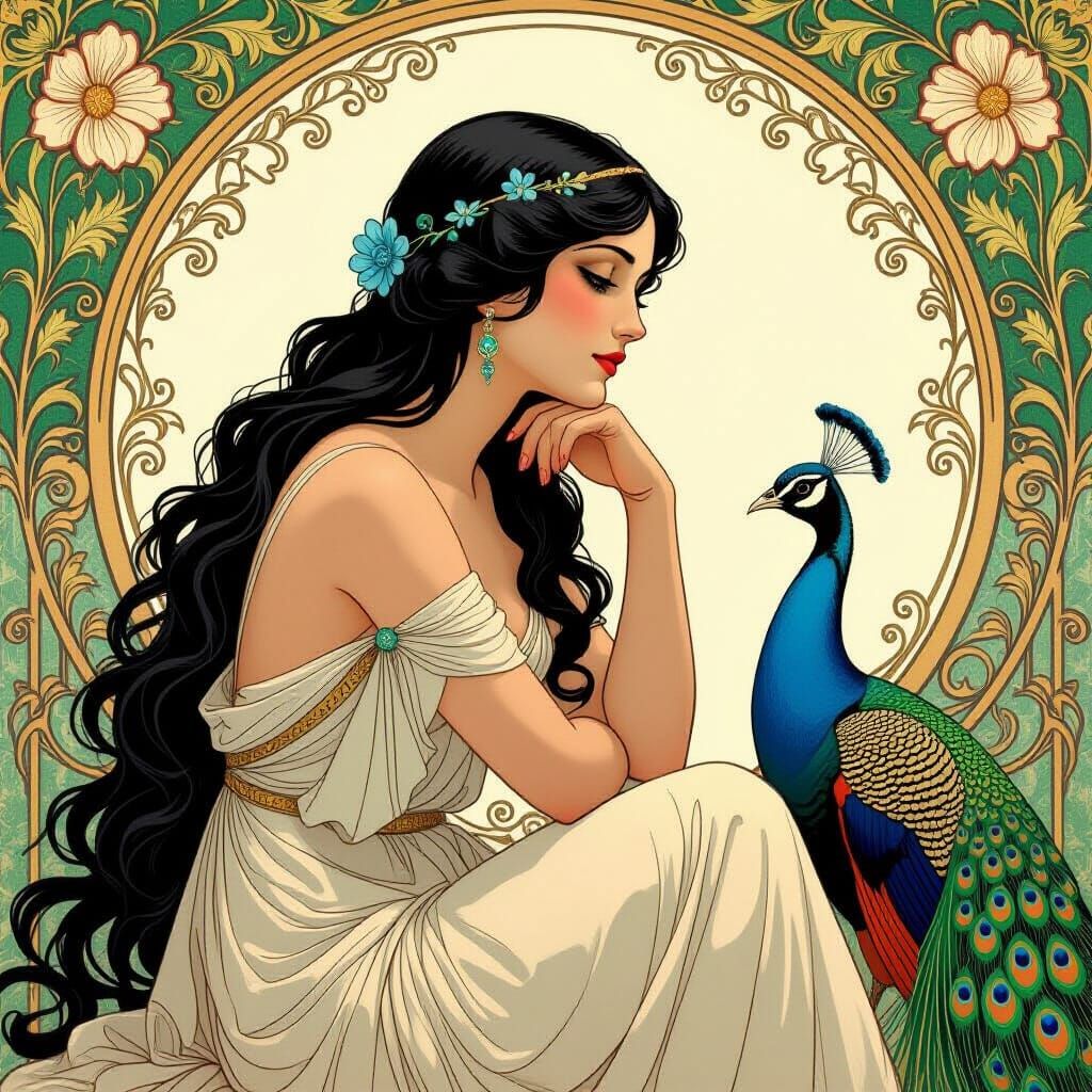Art Nouveau Aphrodite with Peacock