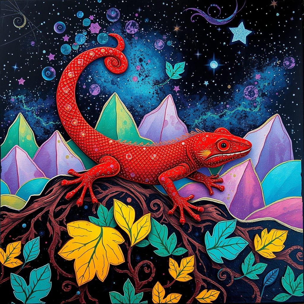 Surreal Red Salamander Emerges from Cosmic Universe