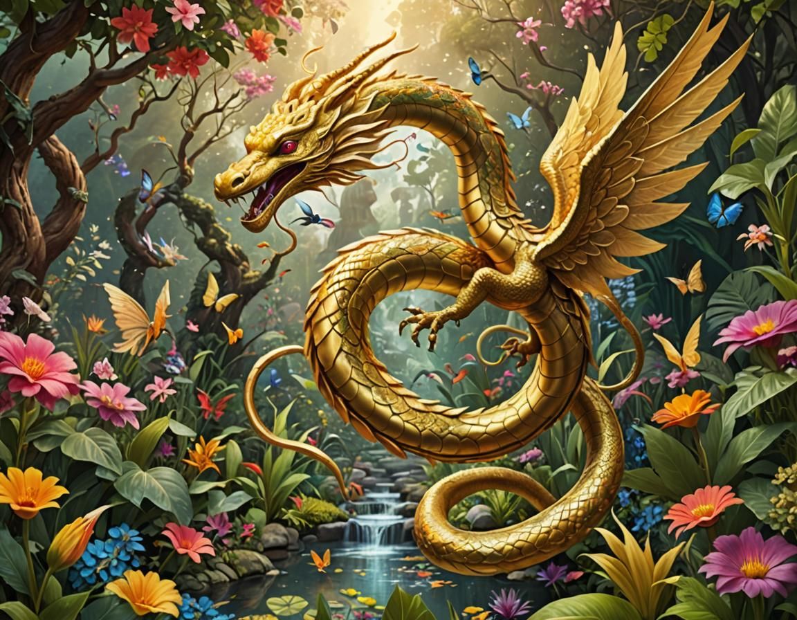 Golden Winged Serpent in Fantasy Garden
