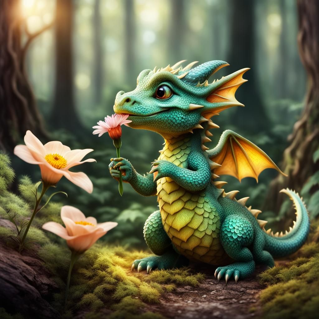 Cute Dragon Smelling Flower in Woodland Scene