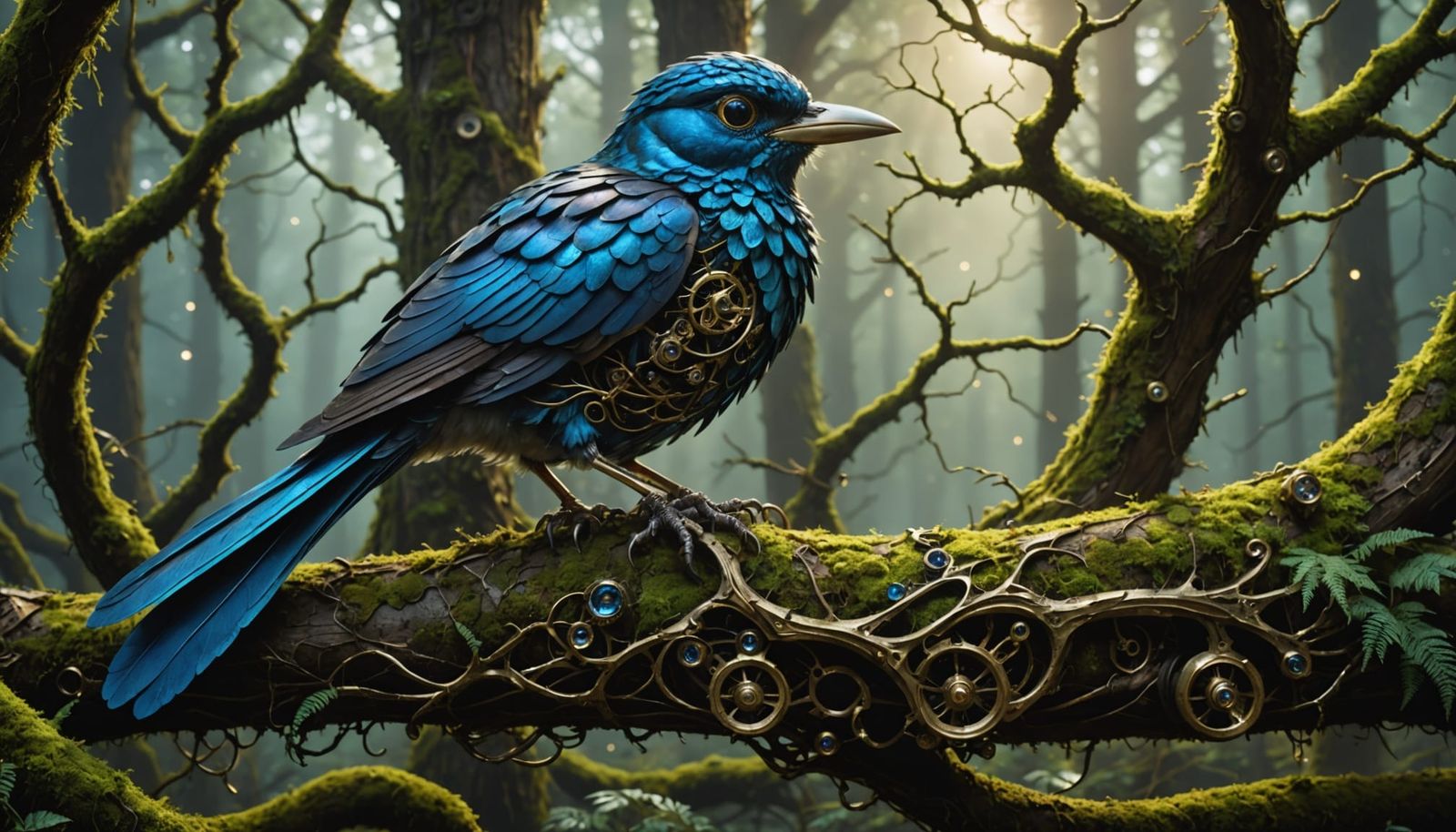 Mechanical Bird with Sapphire Eyes on Ancient Branch