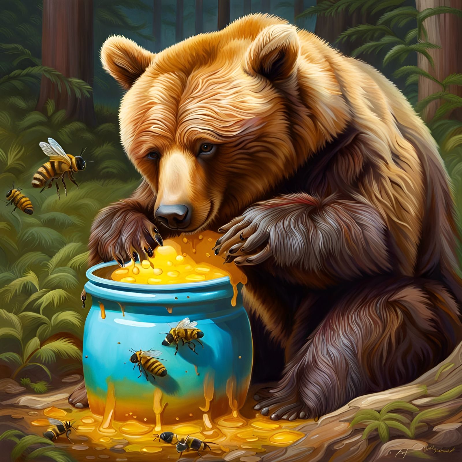 Honey-Covered Bear in Colorful Forest Oil Painting