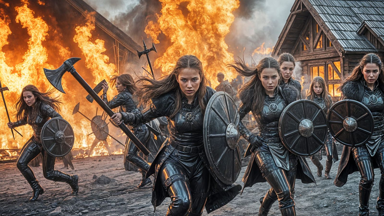 Viking Women Warriors in Cyberpunk Latex Armor Charge Throug...