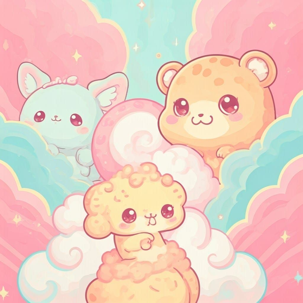 Pastel Kawaii Animals in Dreamy Cloudscape