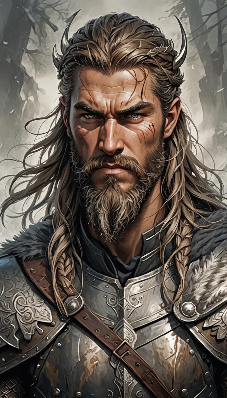 Norse Hero Portrait with Sword and Runes