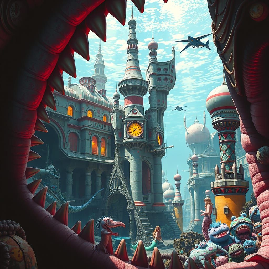 Surreal Underwater City in Giant Mouth Double Exposure