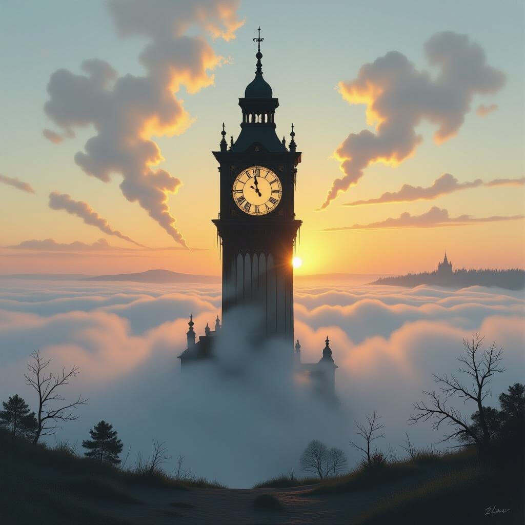 Surreal Melting Clock Tower at Dawn
