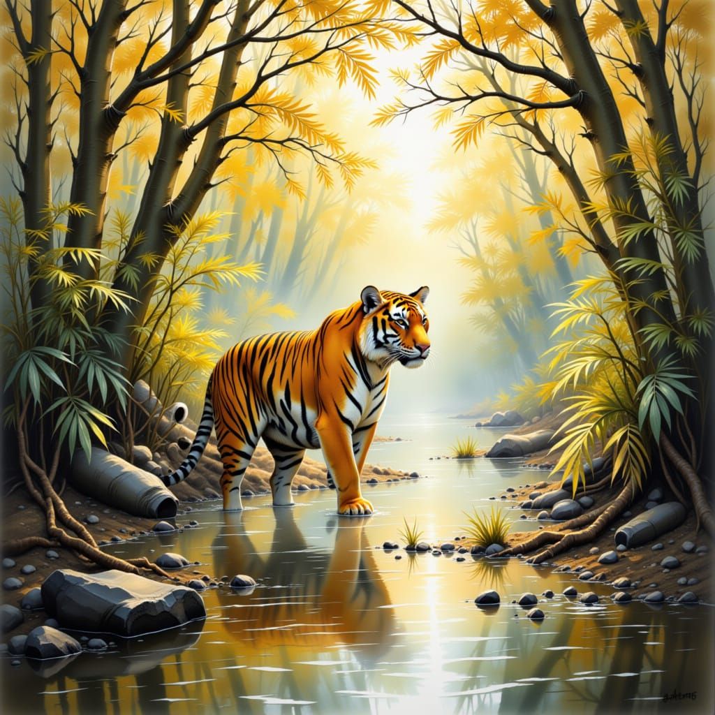 Bengal Tiger in Misty Mangrove Swamp, Gouache Style