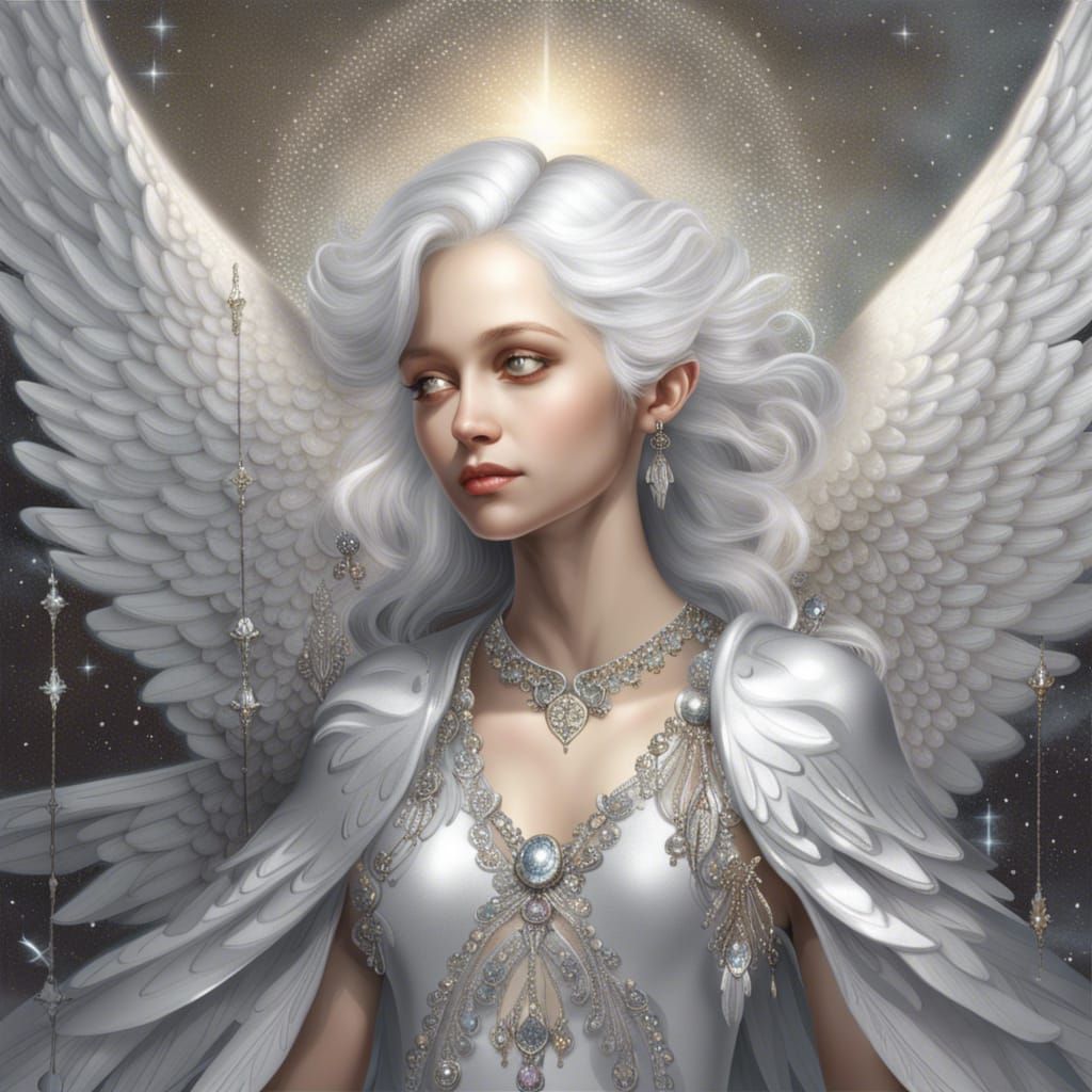 Silver Angel Ascending to Heaven with Diamond Wings