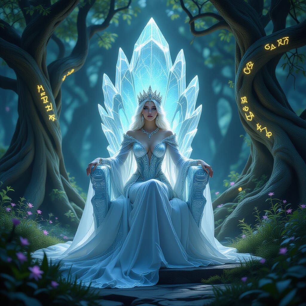 Ethereal Queen on Crystal Throne in Bioluminescent Glade