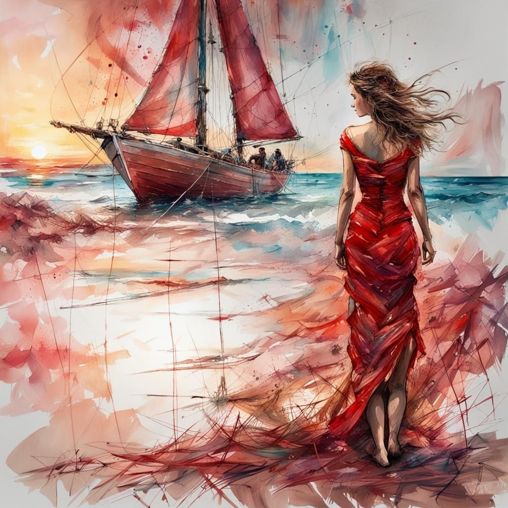 Woman in Red Dress on Beach, Watercolor Painting