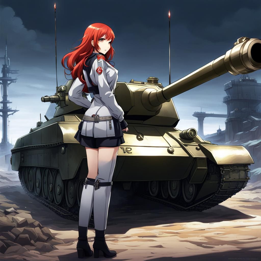 Anime Style: Red-Haired Woman and War Tank