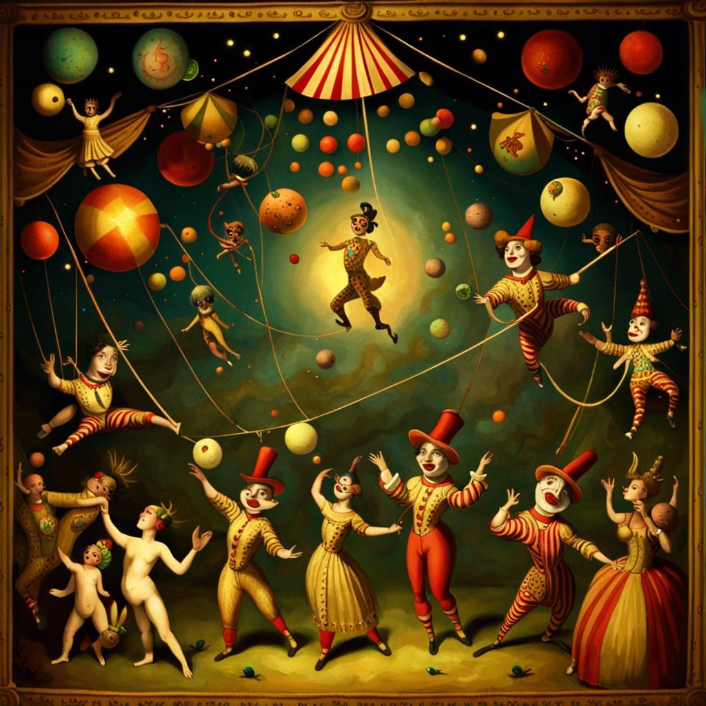 Celestial Circus with Trapeze Artists and Mystical Clowns