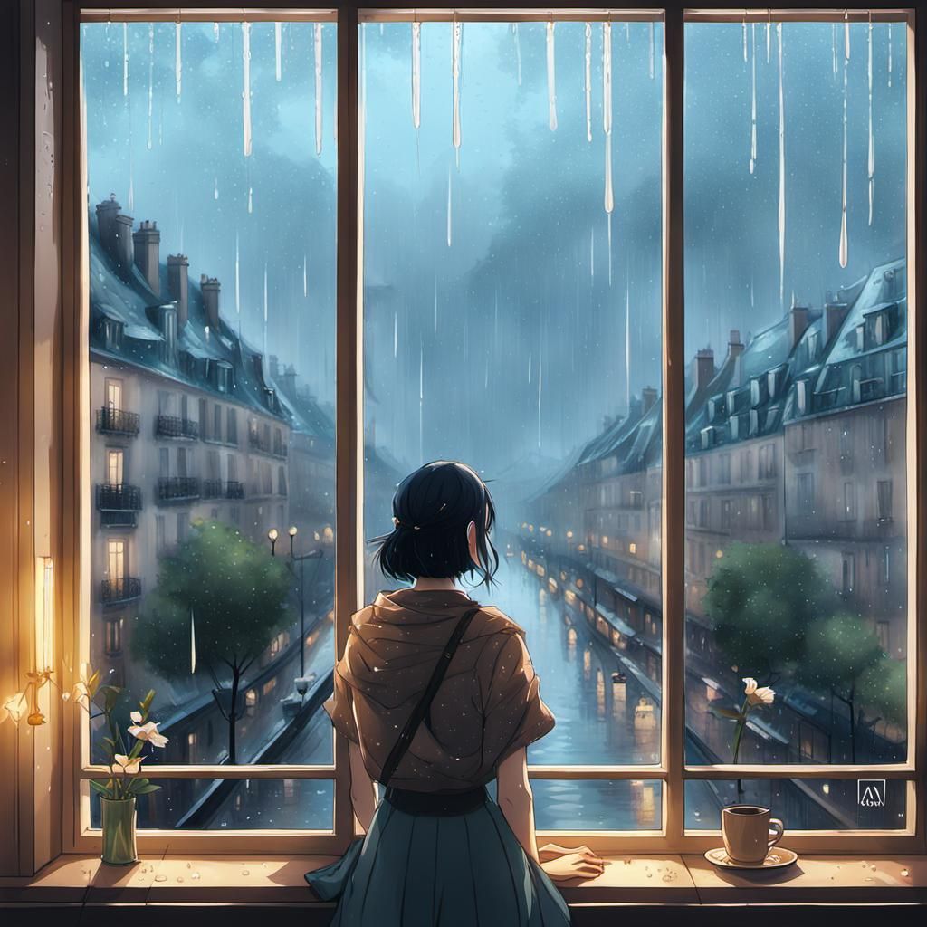 Rainy Day Paris Scene in Art Deco Style