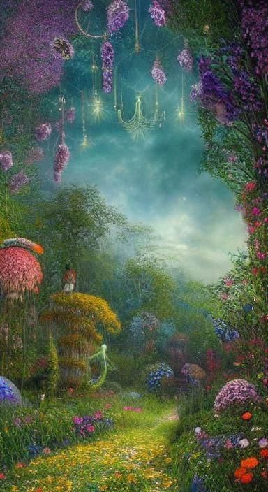 Sunset Woman in Magical Forest, Art Nouveau Style