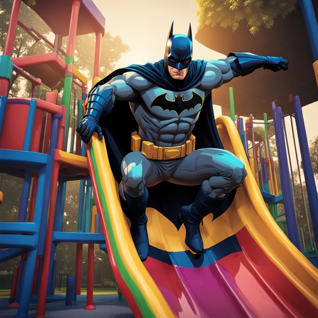 Batman on Playground Slide in Pop Art Style