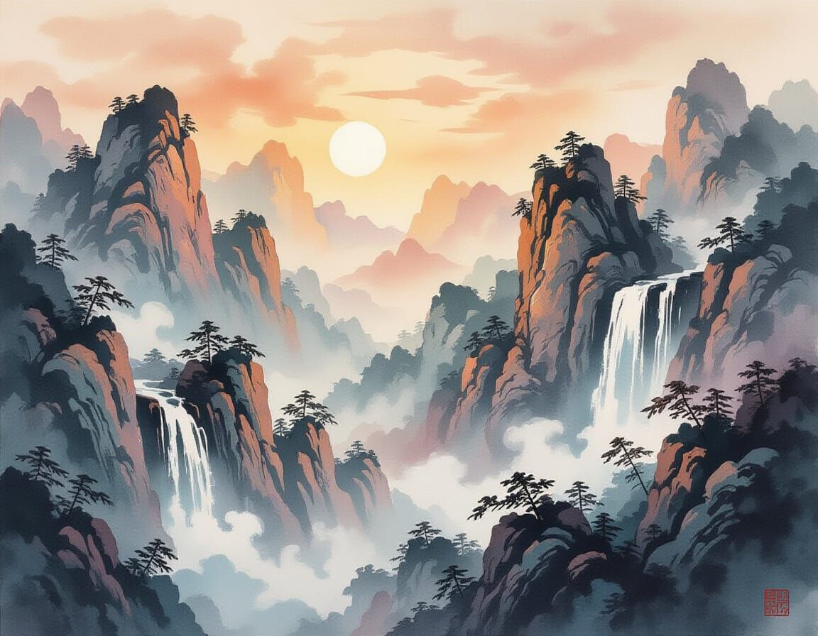 Chinese Ink Painting of Mountain Landscape at Dawn