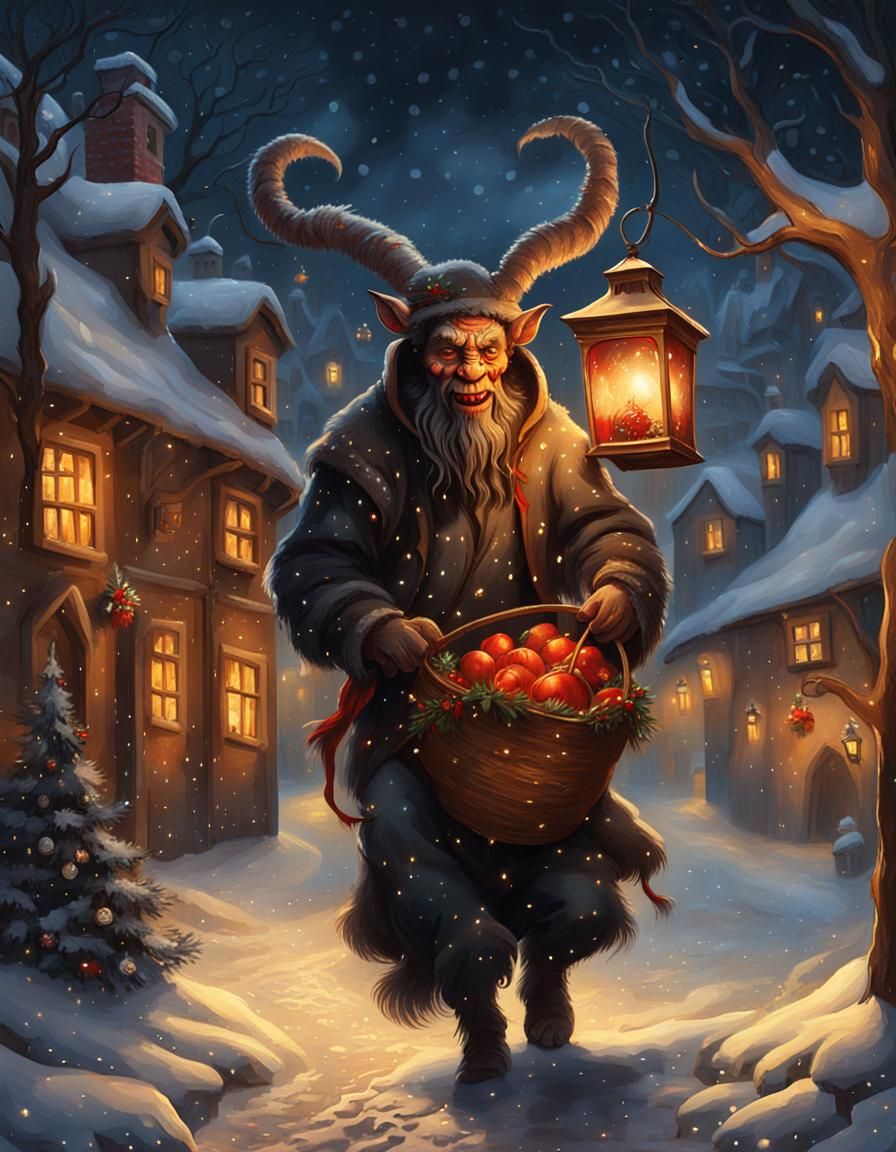 Krampus in Medieval Village as Dutch Master Painting