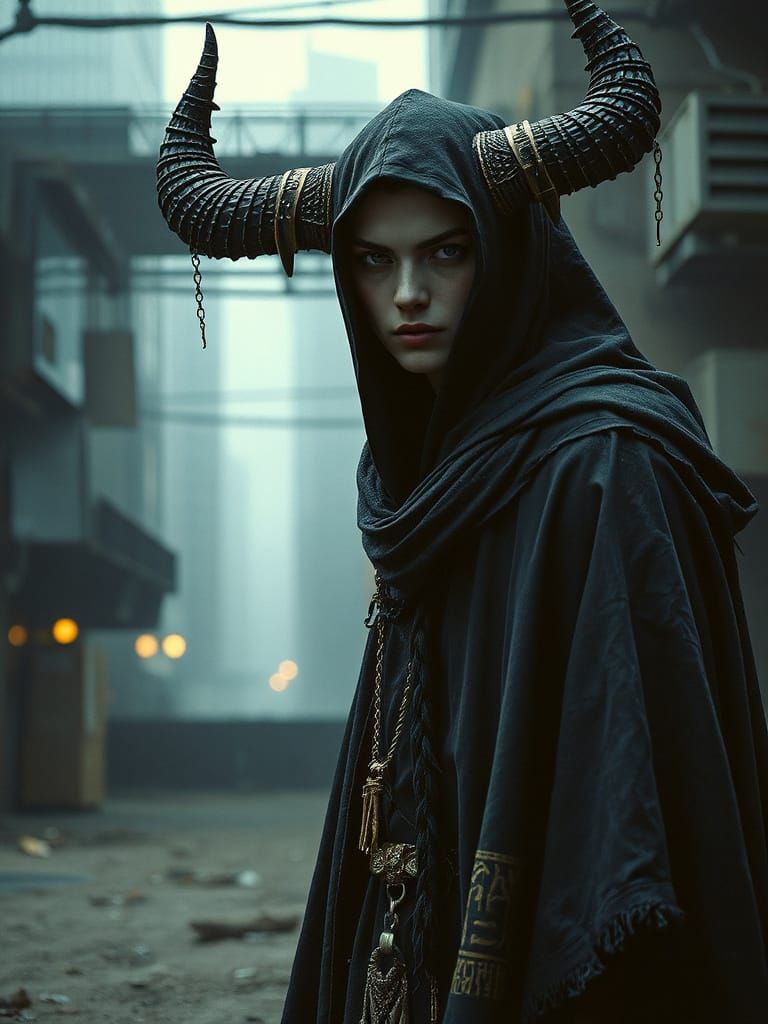 Nazgul in Cyberpunk Cityscape with Egyptian Art