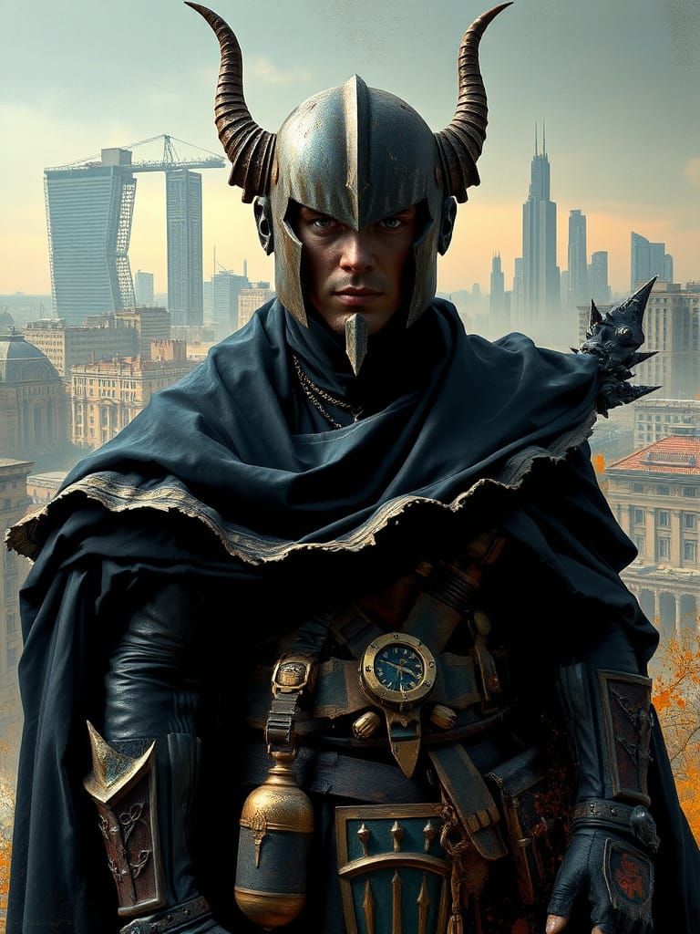 Nazgul in Cyberpunk Cityscape with Egyptian Art