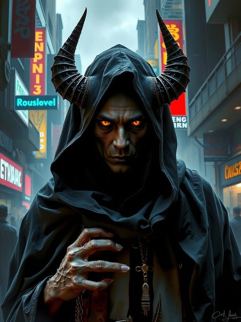 Nazgul in Cyberpunk Cityscape with Egyptian Influences