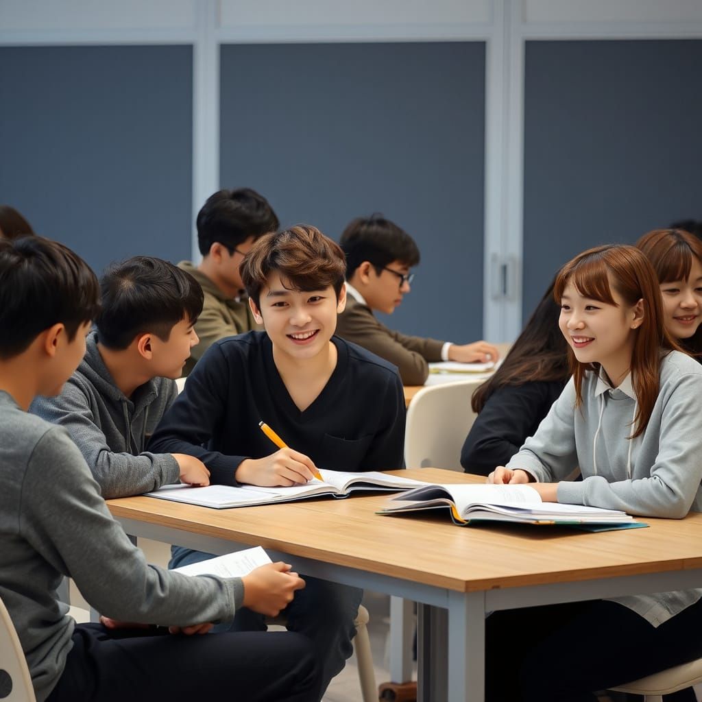 Young Korean University Students Studying and Laughing Toget...