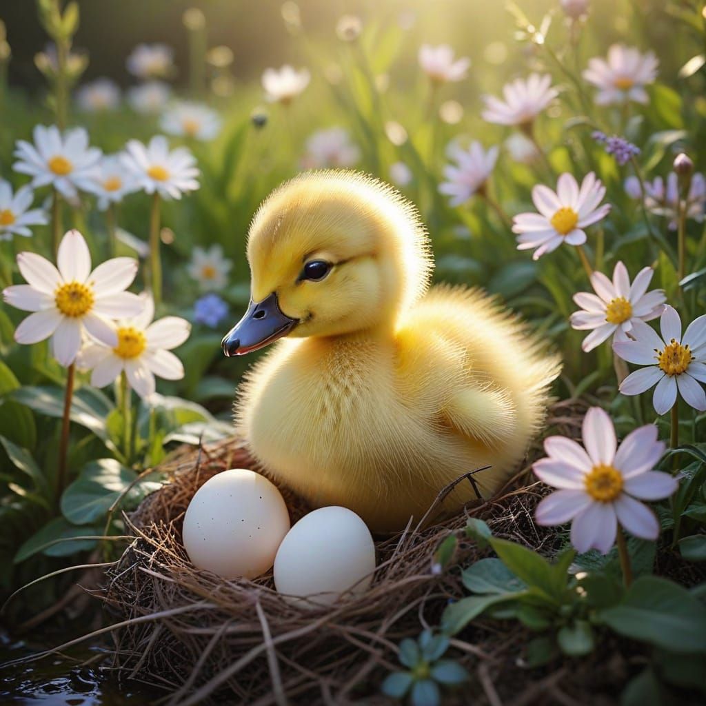 Dreamy Duckling Amidst Vibrant Blooms