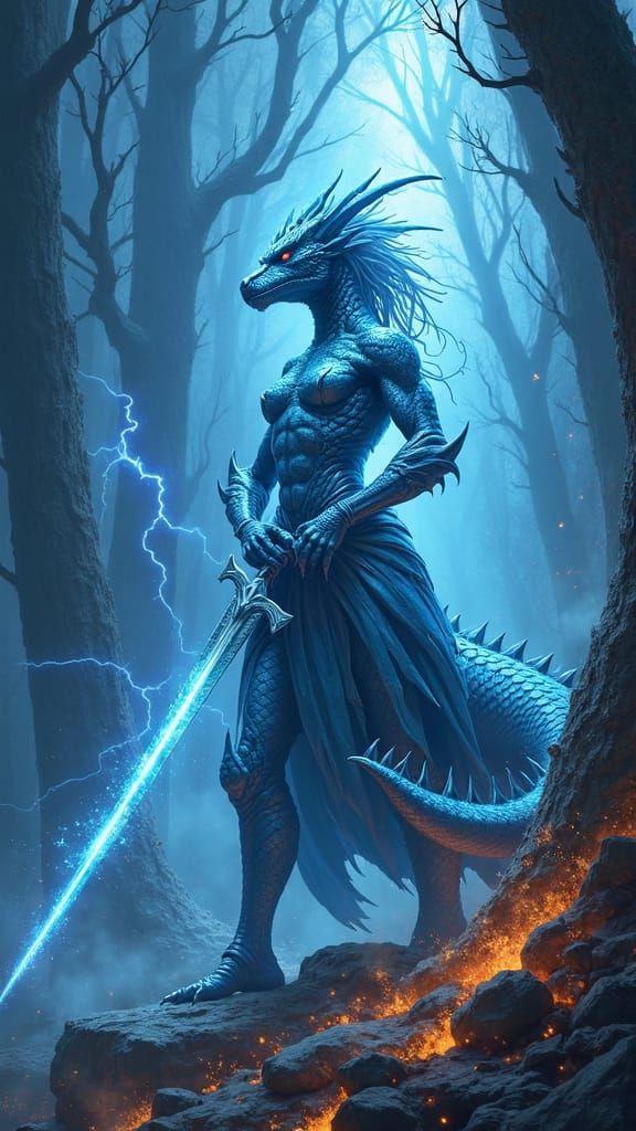 Ice Dragonborn Paladin About to Strike, Fantasy Art