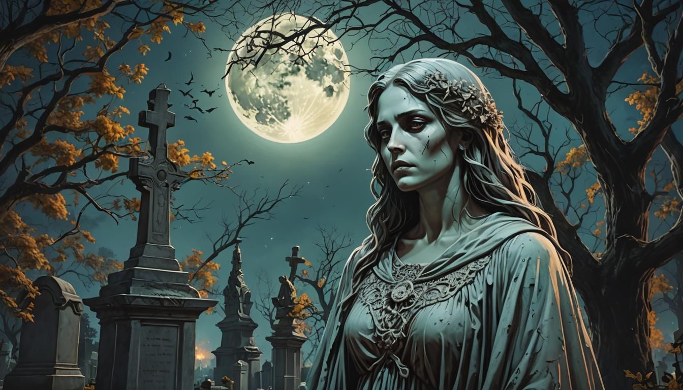 Ethereal Ghost in Cemetery Under Full Moon
