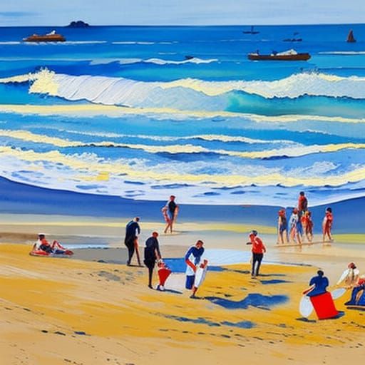 Beach Scene in Gouache Style, Impressionist Painting