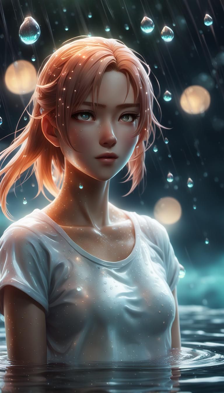 Anime Woman in Wet T-Shirt: 3D Render