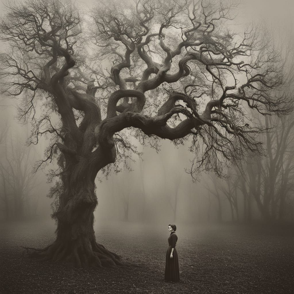 Ethereal Woman in Misty Rain with Vintage Cameras