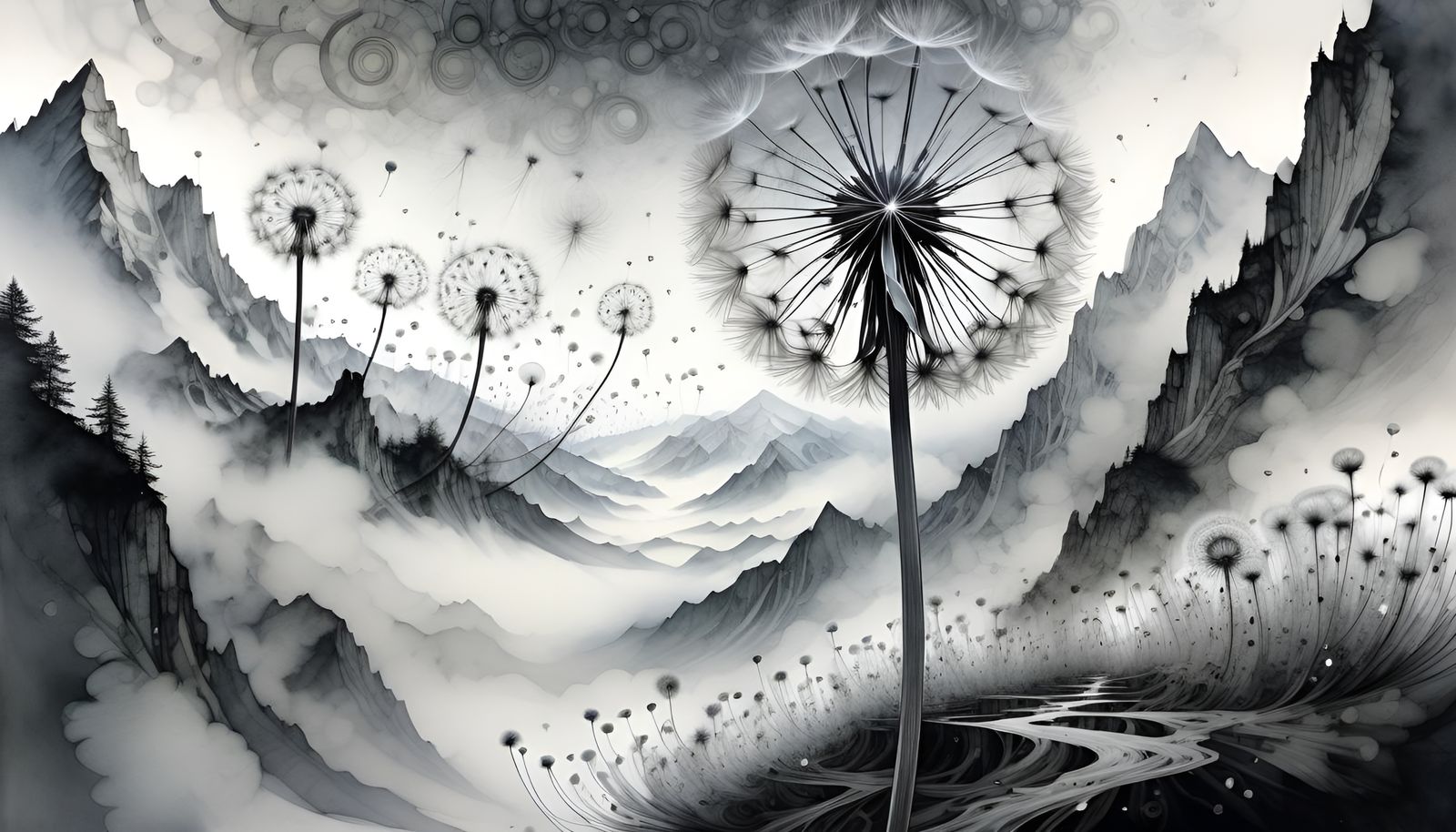 Magical Dandelion Spores Ascend in Fantasy Landscape
