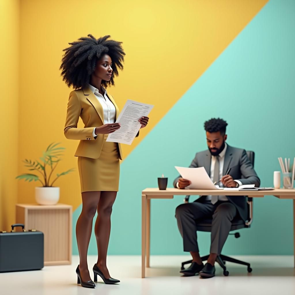 Confident Black Woman with Resume in Modern 3D Office