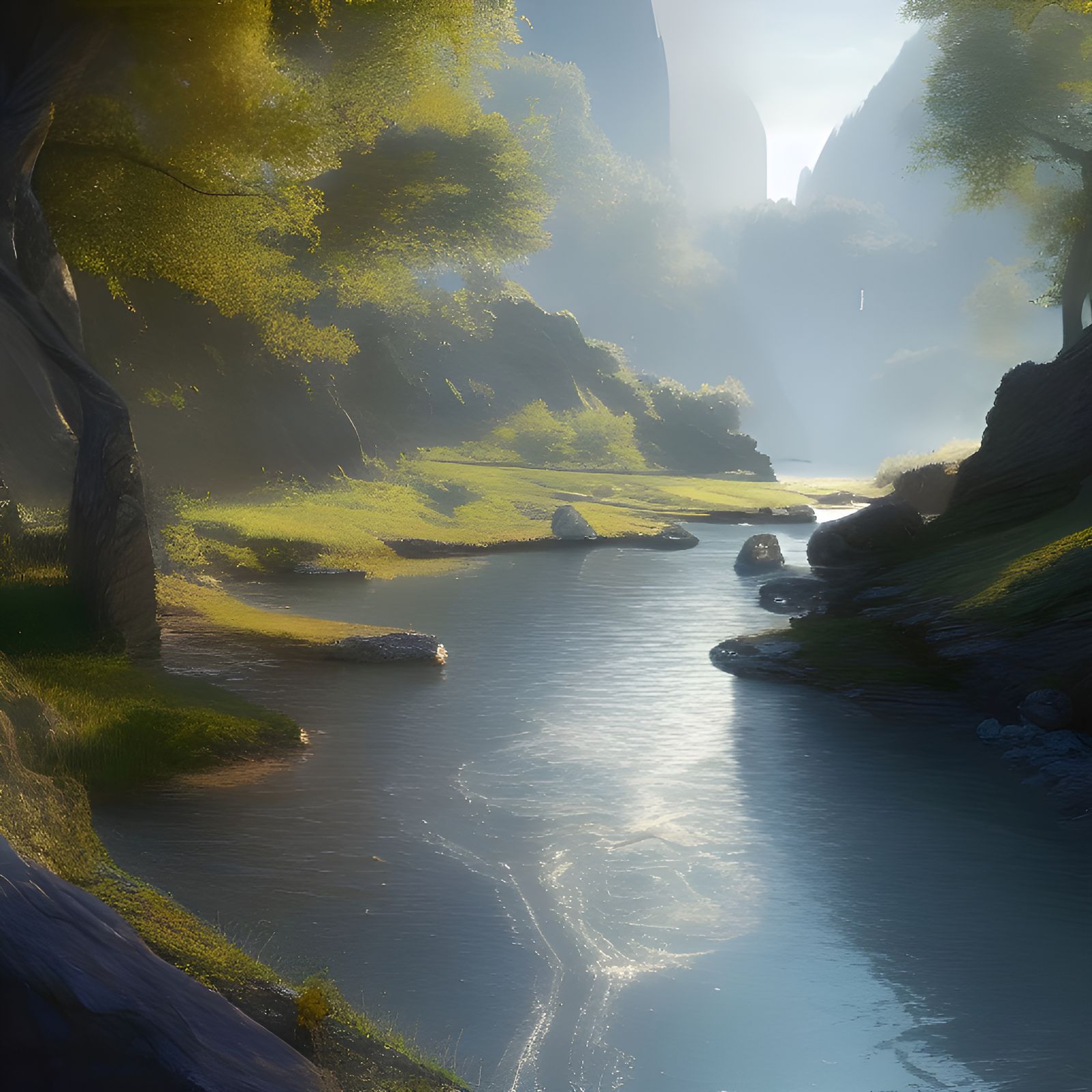 Sparkling River Landscape as Photorealistic Matte Painting