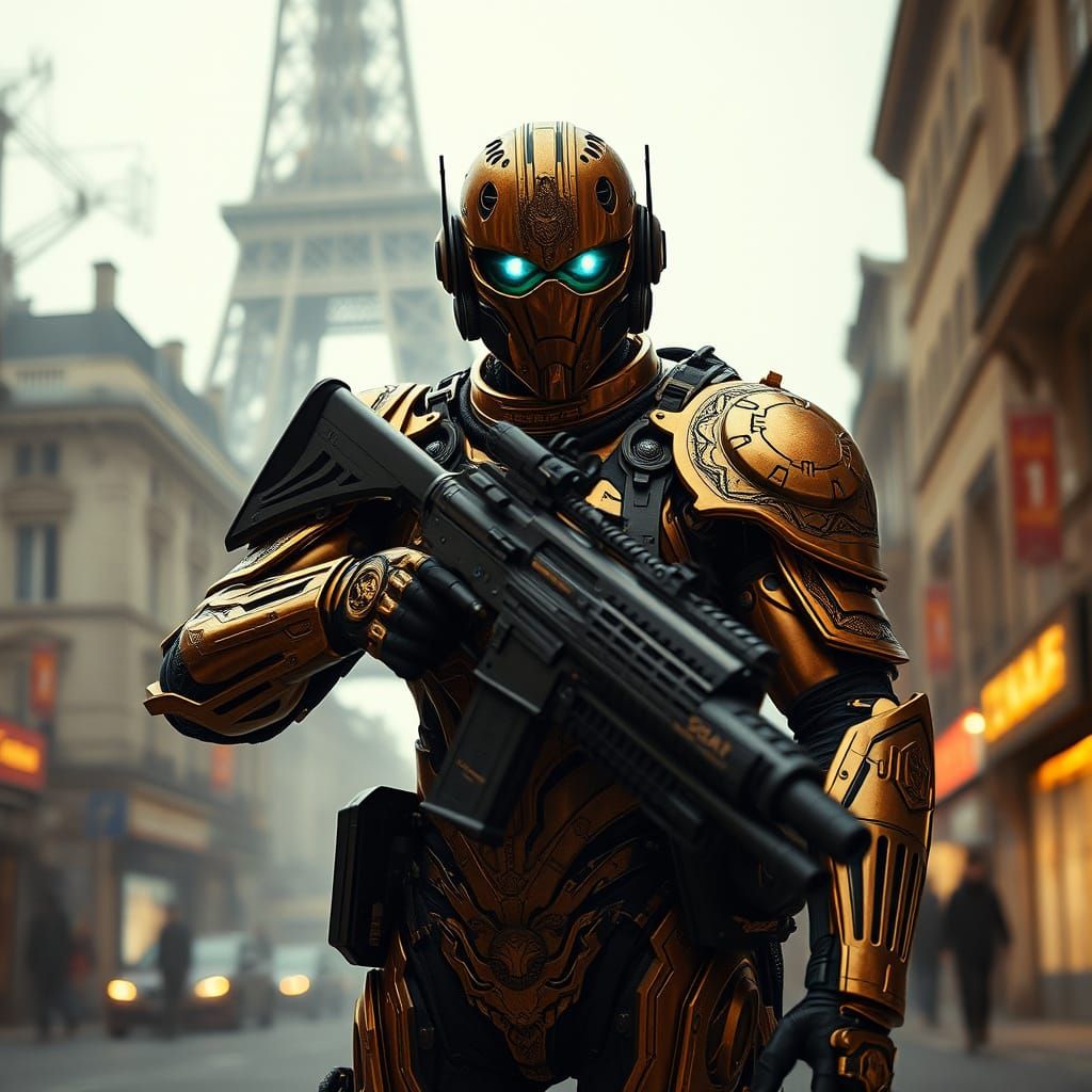 Cybertronic Soldier in Dystopian Parisian Streetscape