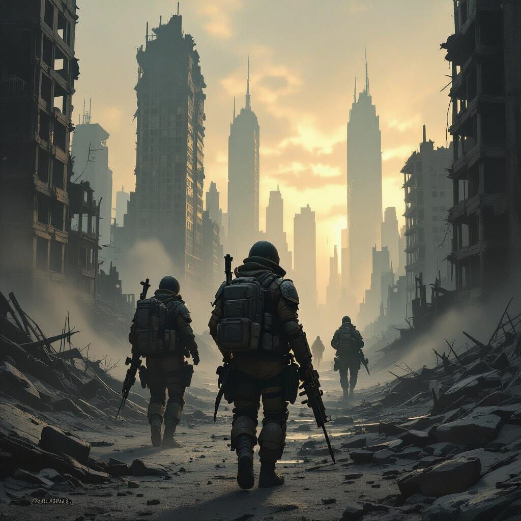 Post-Apocalyptic Soldiers in Ruined City