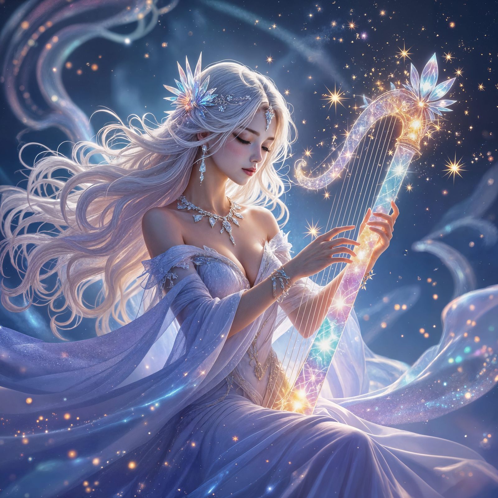 Celestial Goddess Playing Harp in Art Nouveau Style