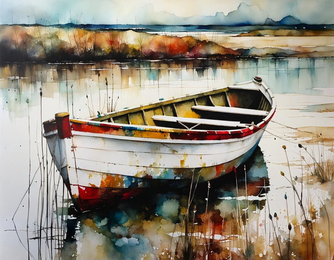 White Dinghy on Beach: Encaustic Alcohol Ink Style