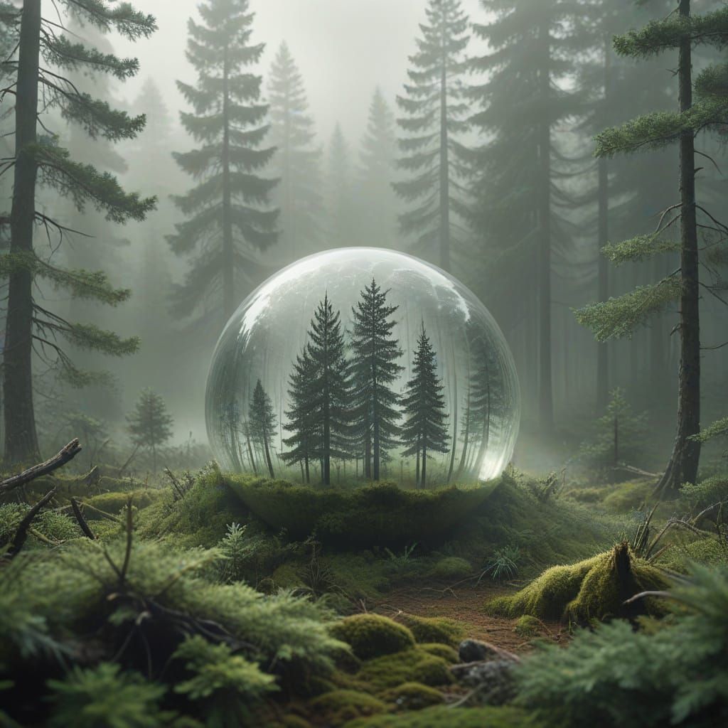 Misty Forest Clearing in Transparent Sphere