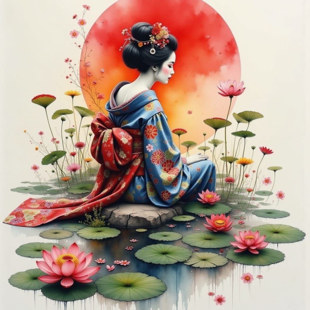 Geisha in Surreal Watercolour Double Exposure