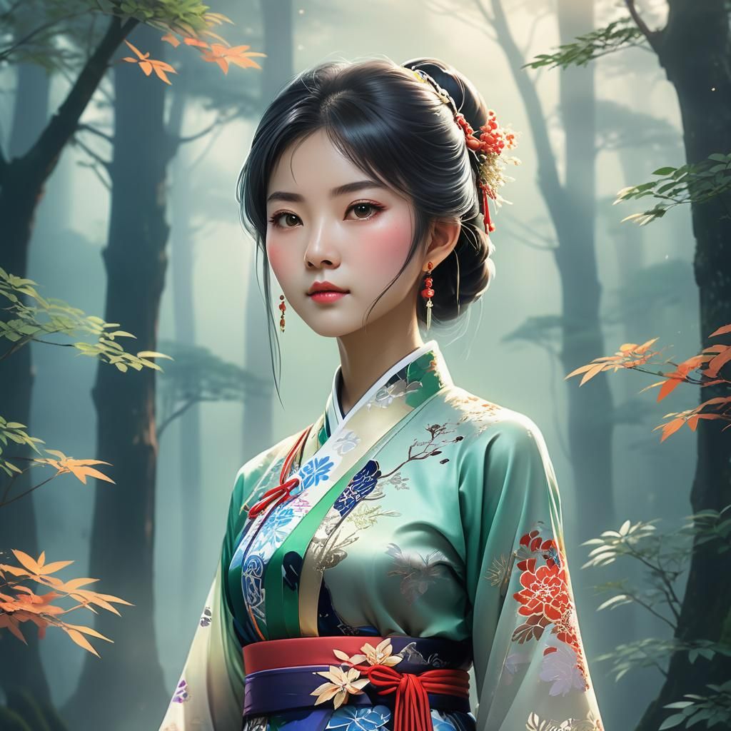 Taiwanese Woman in Anime Style Forest
