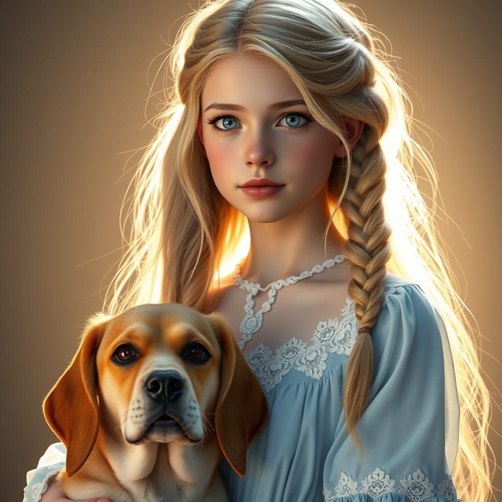 Ethereal Teenage Beauty in Pastel Blue Dress with Gentle Bea...