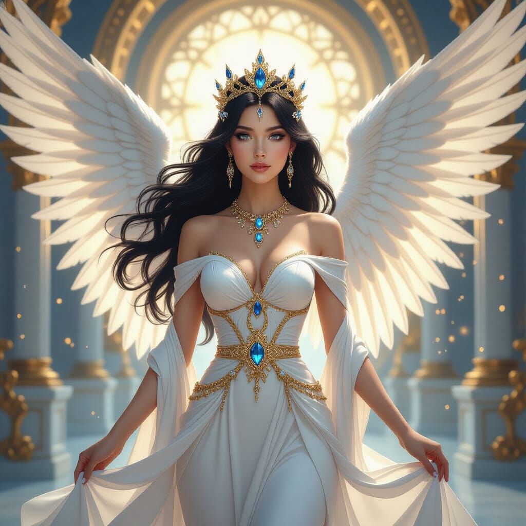 Celestial Goddess with Angel Wings in Ornate Temple