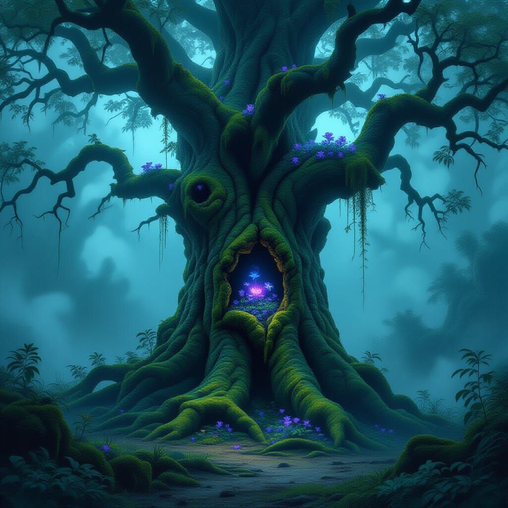 Ancient Rune Tree in Misty Land, Dark Fantasy Art