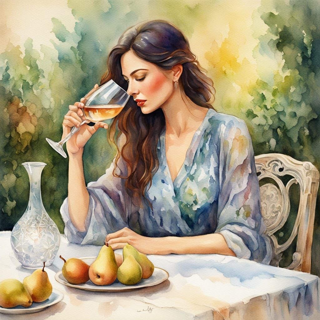 Woman with Wine in Watercolor Impressionist Style