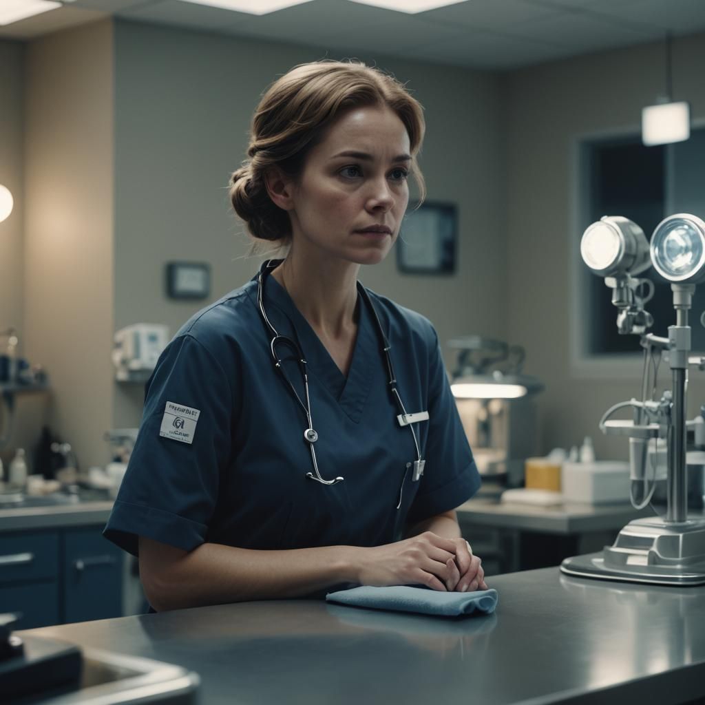 Tired Nurse in Moody Film Noir Lighting